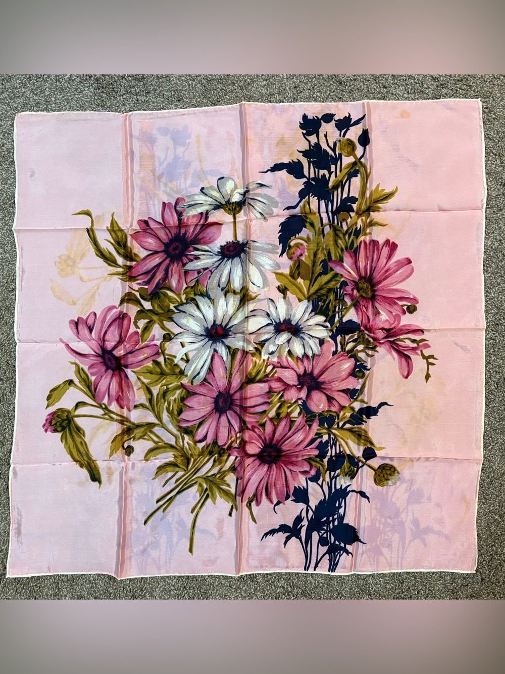 Pink Floral Square Scarf with White & Olive Bouquet